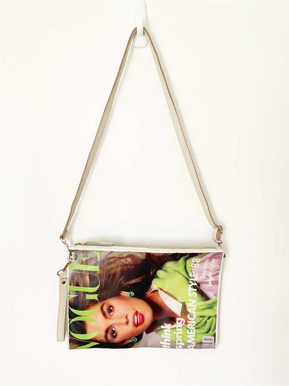 leather bag featuring a magazine cover print